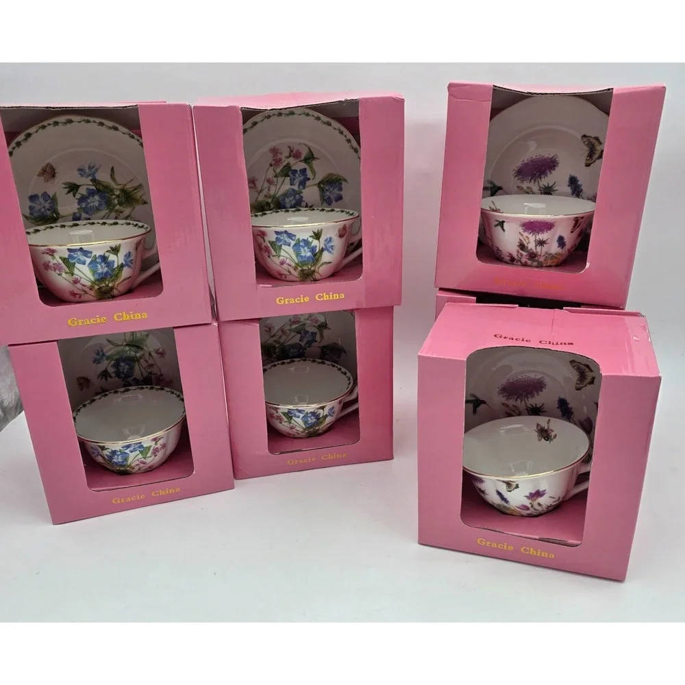 SET of 7 - Gracie Bone China\ Flowers Footed Teacup and Saucer Sets Gold